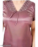 Stylish wine-colored satin nighty set (top & dhoti), ideal for wedding/honeymoon nights, features short sleeves & patiala pants, size S-XL