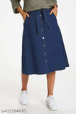 Navy Blue A-Line Midi Denim Woman Skirt - Lightweight & Breathable, home washable denim skirt for all seasons and body types. Available in sizes 26-46 (inches). Made in India