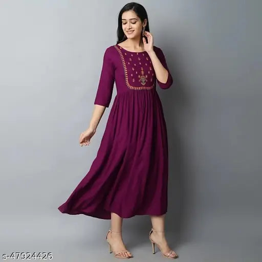 Embroidered rayon long kurta with three-quarter sleeves, Indian women's traditional attire for festivals and events