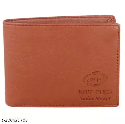 Brown faux leather bi-fold wallet, slim design, durable and soft material for men's daily use