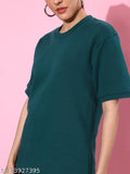Women's green oversized cotton sweatshirt, solid net, short sleeves, XS-XL, fashionable wear on model