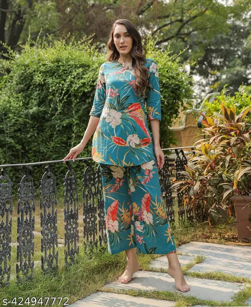 Women's Printed Cotton Blend Kurta Bottom Set, polyester palazzo bottoms with three-quarter sleeves, India origin