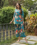 Women's Printed Cotton Blend Kurta Bottom Set, polyester palazzo bottoms with three-quarter sleeves, India origin