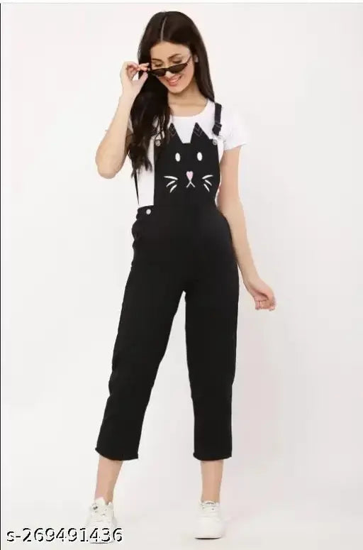Black cotton blend evergreen collection dungaree, printed net cat design for women's full length pant with short sleeves and white T-shirt, India origin