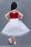 Marron and white embellished net midi-length partywear frock for 1-2 years old kids, ethically made in India