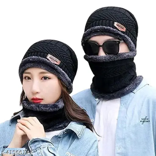 Black wool caps pack of 2, attractive women's balaclava cap with face cover, combo men's and women's woolen cap with neck muffler, India-origin winter essentials