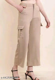 Beige cotton-lycra cargo pocket pant and trouser for women - Solid style, size 26, 28, 30, 32 from India