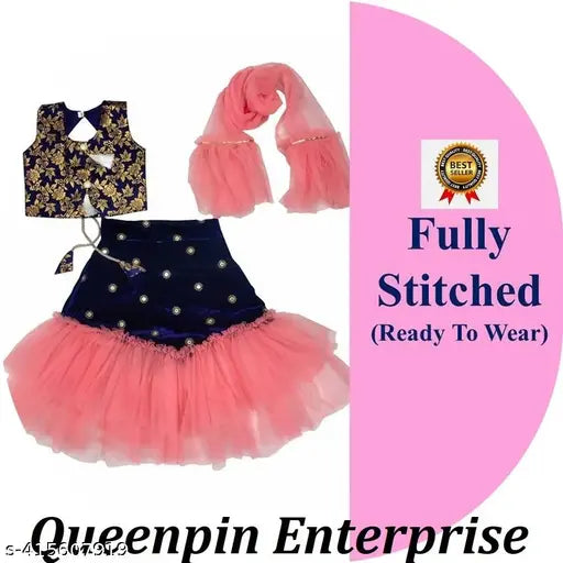 Orange carrot dupion silk and super net Lehenga Cholis with matching dupatta for girls, festive collection from Queenpin Enterprise, embellished with embroidery and stripes