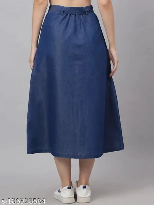 Blue denim western skirt with belt and two front pockets, high-quality denim, versatile and trendy, suitable for all seasons and occasions