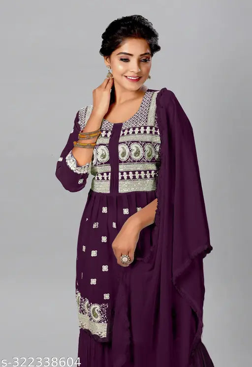 Embroidered Georgette Kurta and Sharara Set with sequins, three-quarter sleeves, and dupatta. Indian fashion set on display