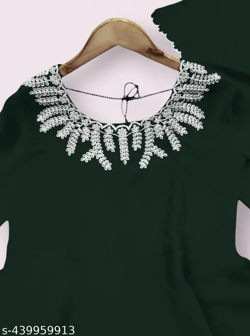 Green Georgette Anarkali gown with lace dupatta, solid pattern, long sleeves, size S-XXL