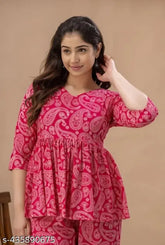 Pink premium rayon women's top & pant co-ord set, trendy pocket, three-quarter sleeves, viscose rayon fabric