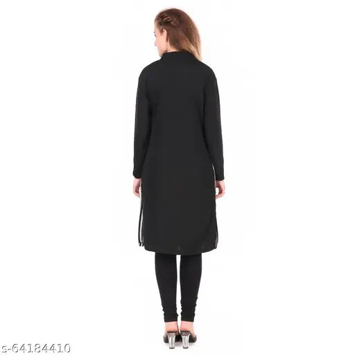 Solid blue woolen women's shrug kurti with embroidery, three-quarter sleeves, made in India