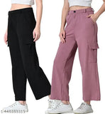Stylish cotton blend combo cargo pants for women, solid pattern, 4 pockets, fashionable everyday essentials for work, gym, travel, or leisure in XS-XXL sizes. Made in India