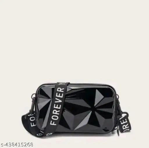 Stylish PVC black mini suitcase crossbody sling bag, textured net pattern with 2 compartments for women and girls