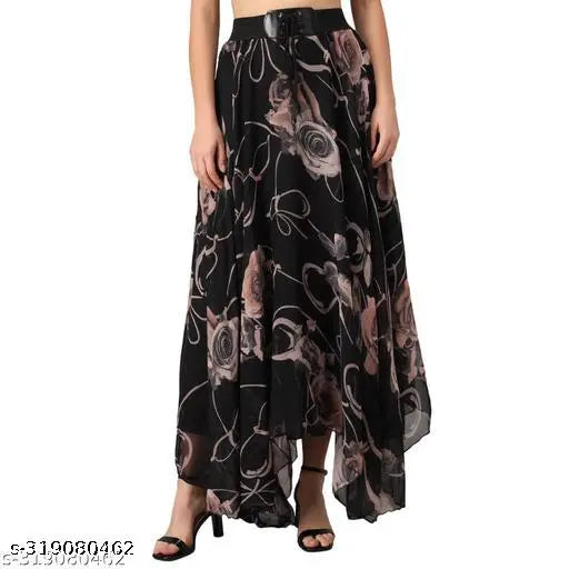 Georgette flared long skirt with brown flower print, black color, size 30 (waist 30", length 40")