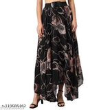 Georgette flared long skirt with brown flower print, black color, size 30 (waist 30", length 40")