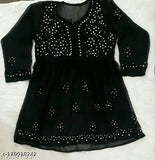 Red Georgette Long-Sleeve Frock Top/Kurti Top, Indian Chikankari Charm, XXS-XXL