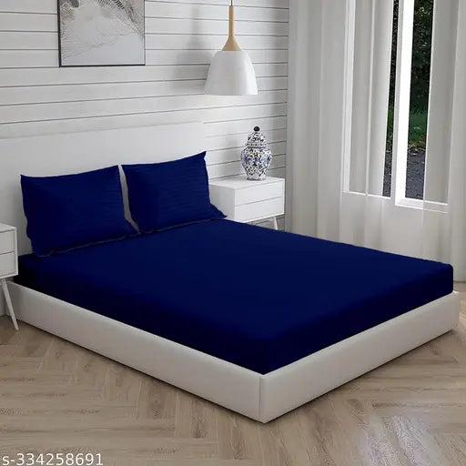 Glace cotton striped fitted double bedsheet, ultra-soft & durable, ideal for home or hotel guest rooms (90 x 100 inch)