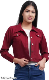 Maroon cotton-blend denim jacket for women & girls, solid design with three-quarter sleeves, S (34in bust, 21in length), Made in India