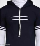 Trendy navy blue cotton blend long sleeve solid color hoodie with built-in mask for men, stylish and comfortable streetwear on display
