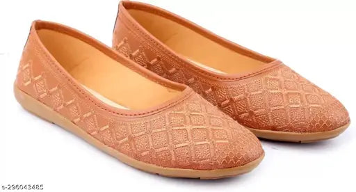 Tan synthetic leather embroidered Jaipuri bellies, stylish women's juttis for parties, weddings, outdoor occasions