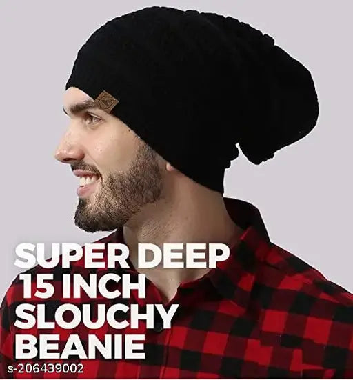 Black woolen beanie cap, trendy, unisex, warm, perfect for winter, made in India