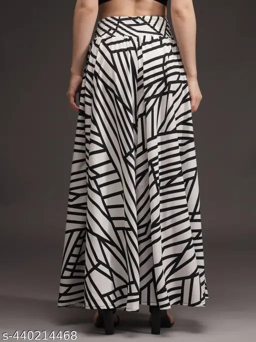 Viscose crepe flared palazzo skirt, free size with printed pattern. Trendy women's fashionable palazzo style with elastic waistband and drawstring
