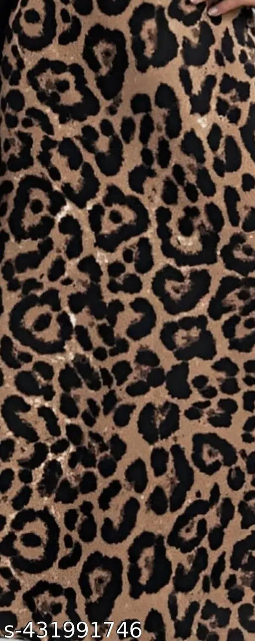 Luxurious leopard print polyester skirt, high-waisted with elastic side slit, 31 inches