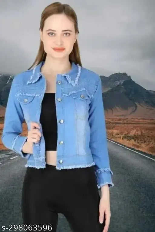 Denim women's jacket with long sleeves, solid net pattern. XL fits bust size 40in, length size 21in; XXL fits bust size 42in, length size 22in; available in additional sizes up to 4XL. Made in India