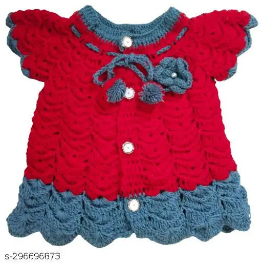 Hand knitted winter woollen sweater in red and grey, high quality wool for baby girl's warmth and coziness