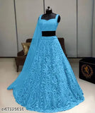 Graceful net lehenga set, embroidered with Indian motifs. Free size, 44in waist, 42in length