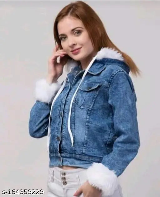 Denim cap fur jacket, women's long-sleeved solid winter coat, perfect for chilly weather, origin India
