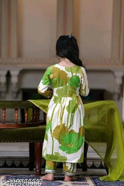 Girls rayon printed A-line kurta suit set with harem pants, three-quarter sleeves, and matching dupatta. Indian fashion for 9-10 years old girls