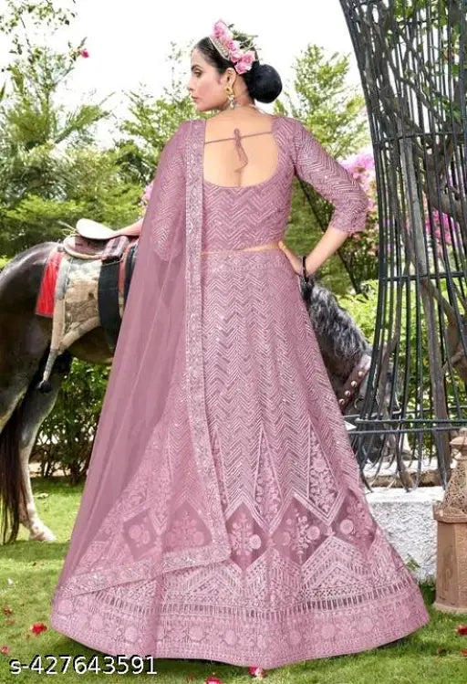 Embroidered net lehenga choli and dupatta set, semi-stitched with 42in waist, 42in length, and 70in dupatta length. Indian hand embroidery on traditional wedding wear