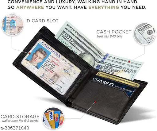 Black genuine leather men's wallet, 2 compartments, free size (9cm x 11cm) for daily use