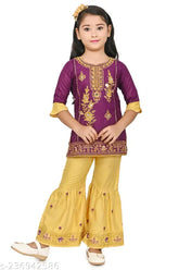Purple Rayon Reyon Kurti and Pant Set Sarara dress for Baby Girl, stylish, embroidered, comfortable for parties and events. Sizes: 1-2Y (20in/25in), 2-3Y (21in/26in), 3-4Y (22in/27in), 4-5Y (23in/28in), 5-6Y (24in/29in), 6-7Y (25in/30in), 7-8Y (26in/31in), 8-9Y (27in/32in), 9-10Y (28in/33in). Made in India