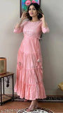 Peach Lurex long gown with cotton blend, three-quarter sleeves and embroidery detail - Indian ethnic wear