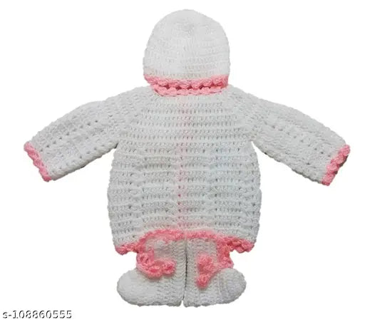 Handmade crochet woolen knitted sweater set (3Pcs) for unisex kids (0-3 months, white), embroidered net design, soft and cozy for winter wear