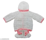 Handmade crochet woolen knitted sweater set (3Pcs) for unisex kids (0-3 months, white), embroidered net design, soft and cozy for winter wear