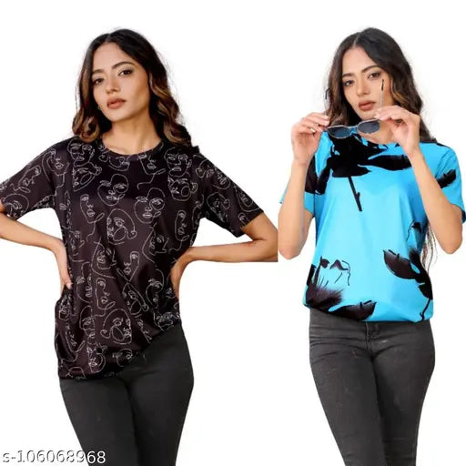 Lycra oversize women's t-shirt pack of 2, vibrant print design, M size (bust 38in, length 27in), made in India