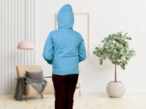 Denim fur jacket with lace, solid pattern, long sleeves for kids aged 5-7 years, India-made