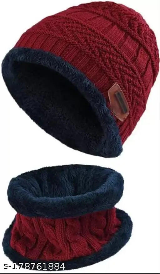 Maroon woolen cap combo with neck warmer, ultra-soft unisex winter wear for men and women