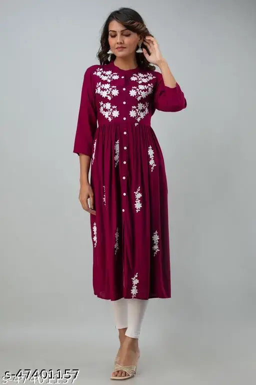 Rayon embroidered flared kurta, Purvija Kurties women's fashion, three-quarter sleeves, festive Indian wear