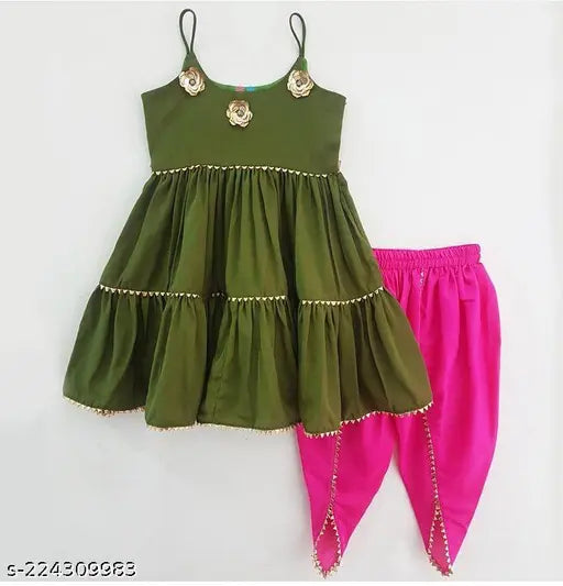 Mahendi green & pink rayon dhoti pant with sleeveless top for kids, embellished pattern, cotton bottom" (125 characters)