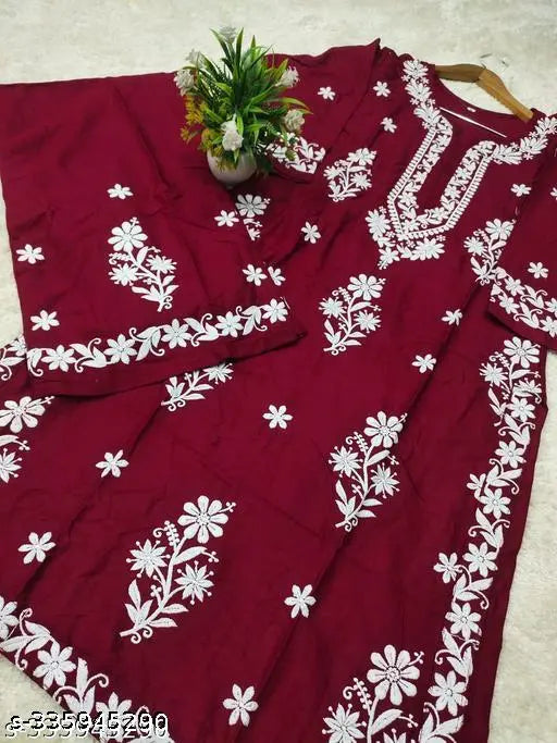 Embroidered Rayon kurta with palazzos, three-quarter sleeves, beautiful Chikankari work. Indian women's fashion, single size to 6XL
