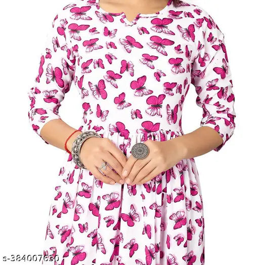High-quality crepe butterfly printed Anarkali kurti for women, vibrant and feminine design for casual to semi-formal wear