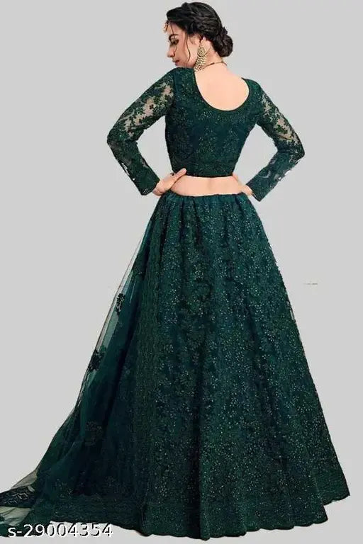 Green net and embroidered JCgreenpari Lehenga set, featuring choli, dupatta, and heavy zari embellishments with stones. Semi-stitched, size 42 waist, 44 length. Indian handcraft