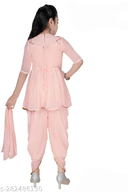 Embellished cotton blend ethnic kurta pyjama for girls, A-line palazzo style, perfect for celebrations and parties