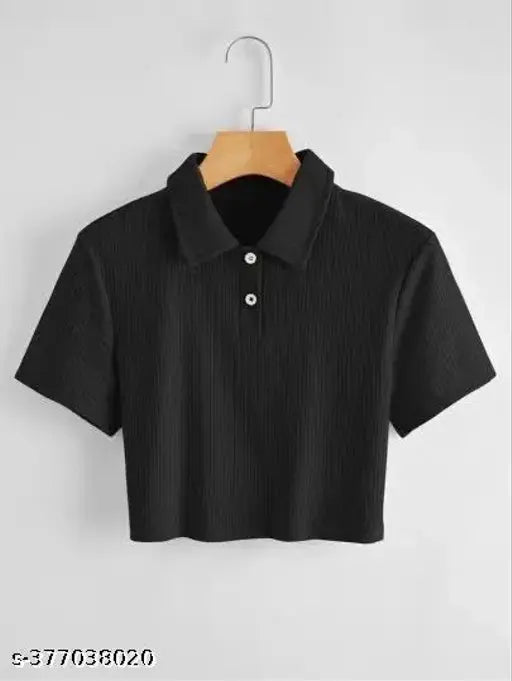Black lycra short-sleeve girl's top, XS (30in bust, 15in length), India-made ribbed design
